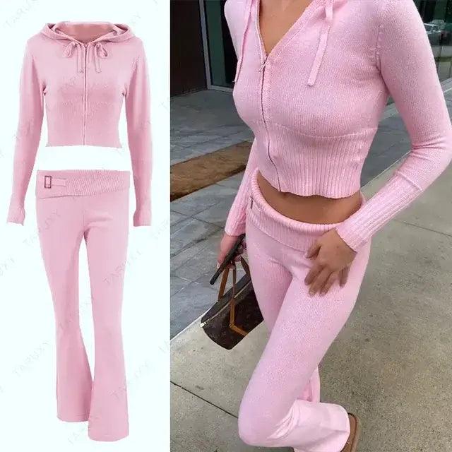 Knitted Hoodie Cropped Top And Pants Set - fullshopping