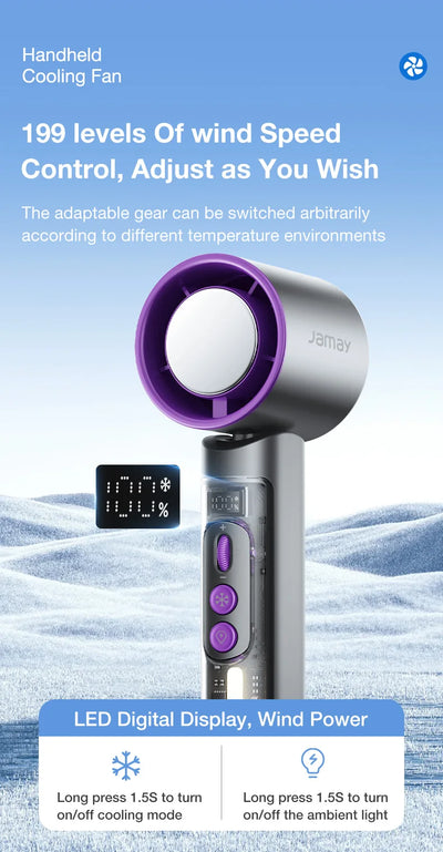 2025 Portable Handheld Turbo Fan 199 Gears Adjustable Strong Wind 6500mAh Night Lights&LED Screen Summer Outdoor Cooling Tools - Fullshopping