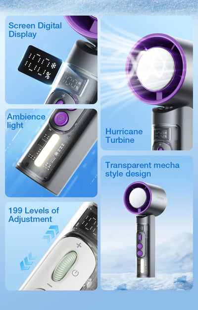 2025 Portable Handheld Turbo Fan 199 Gears Adjustable Strong Wind 6500mAh Night Lights&LED Screen Summer Outdoor Cooling Tools - Fullshopping