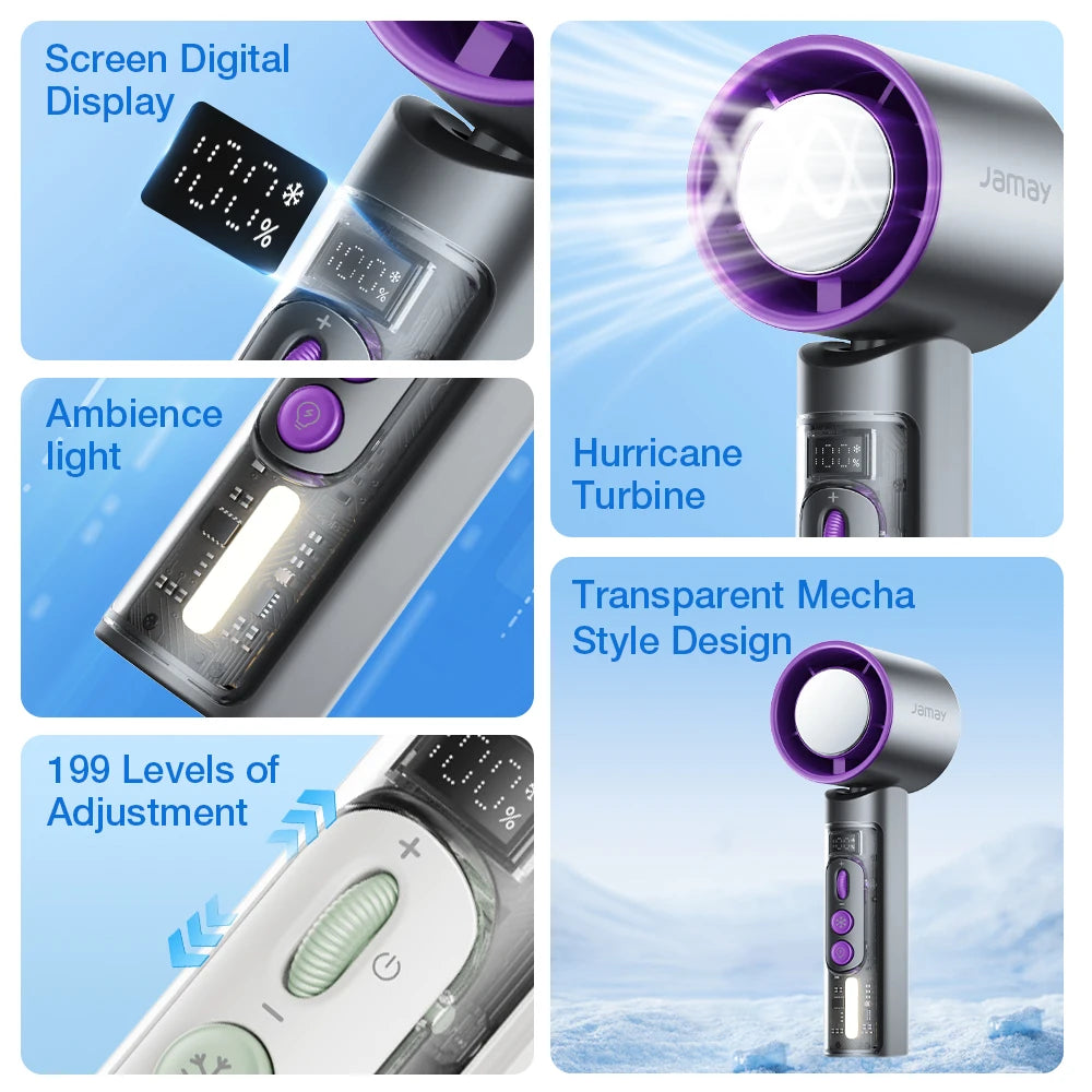 2025 Portable Handheld Turbo Fan 199 Gears Adjustable Strong Wind 6500mAh Night Lights&LED Screen Summer Outdoor Cooling Tools - Fullshopping