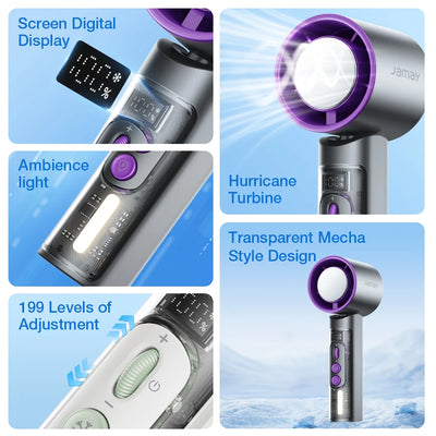 2025 Portable Handheld Turbo Fan 199 Gears Adjustable Strong Wind 6500mAh Night Lights&LED Screen Summer Outdoor Cooling Tools - Fullshopping