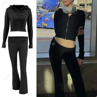 Knitted Hoodie Cropped Top And Pants Set - fullshopping