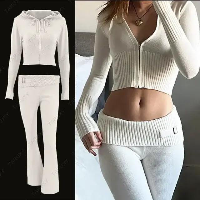 Knitted Hoodie Cropped Top And Pants Set - fullshopping