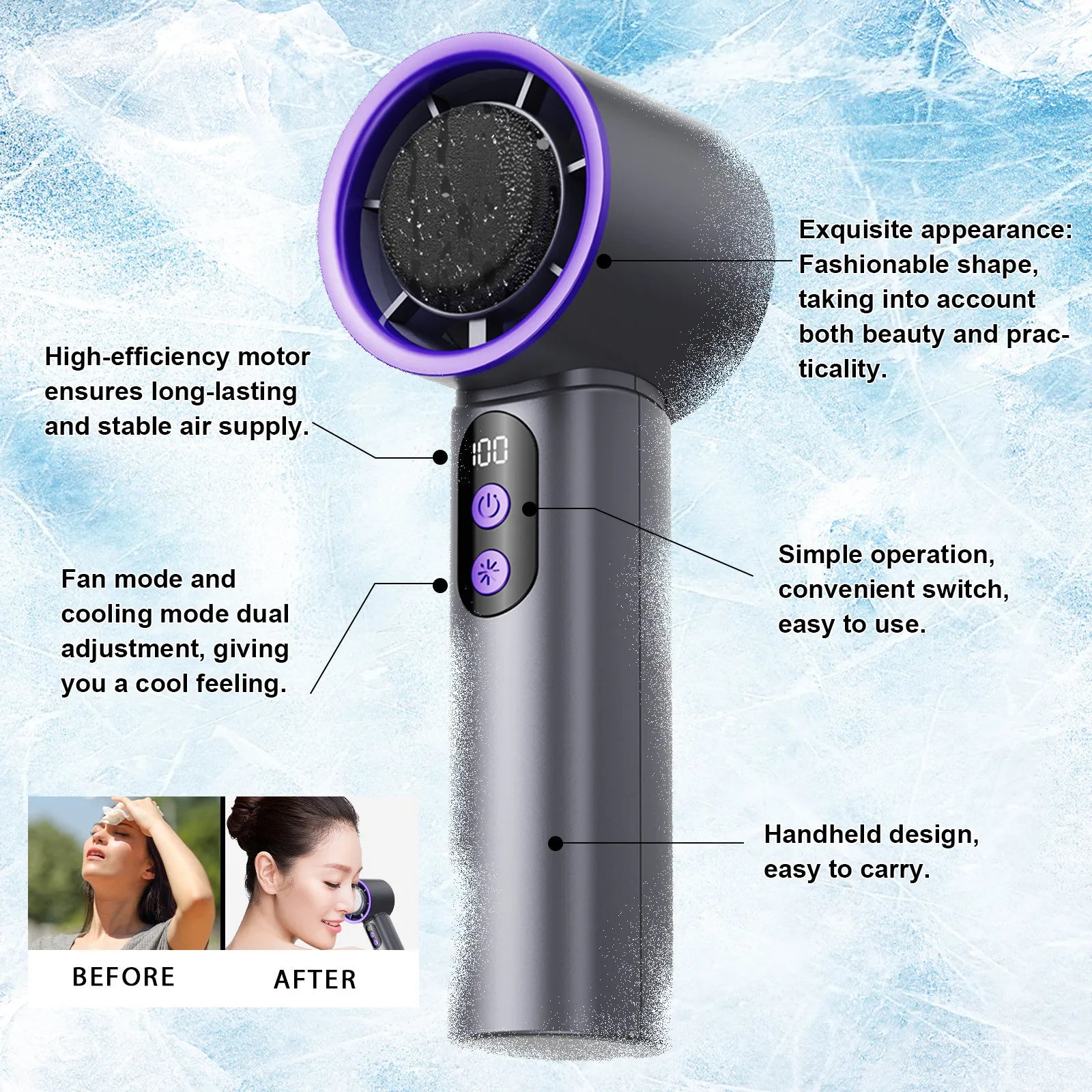 Turbo Fan Portable Hand Fan Mini USB Rechargeable Fan Ice Cooling Fan Handheld Turbo Fan Small Pocket Fan with Digital Display - Fullshopping