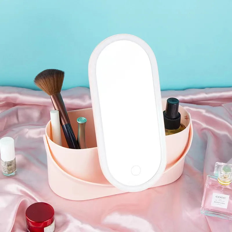Makeup Organizer Box with LED Light Mirror Portable Travel Makeup Cosmetics Organizer Touch Light Storage Makeup Case - fullshopping
