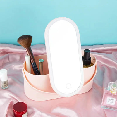 Makeup Organizer Box with LED Light Mirror Portable Travel Makeup Cosmetics Organizer Touch Light Storage Makeup Case - fullshopping