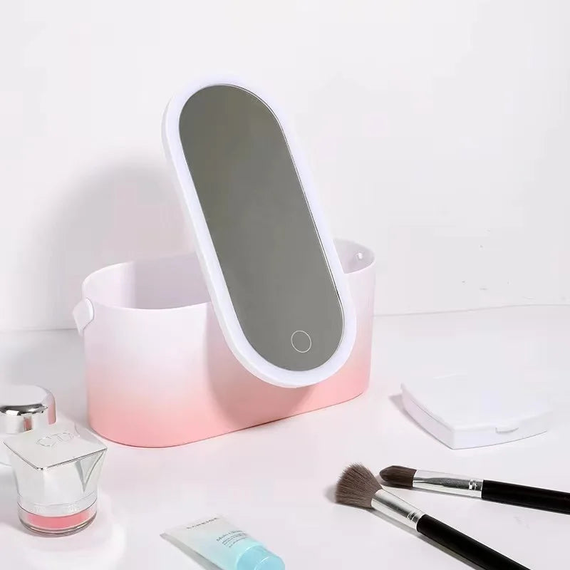 Makeup Organizer Box with LED Light Mirror Portable Travel Makeup Cosmetics Organizer Touch Light Storage Makeup Case - fullshopping