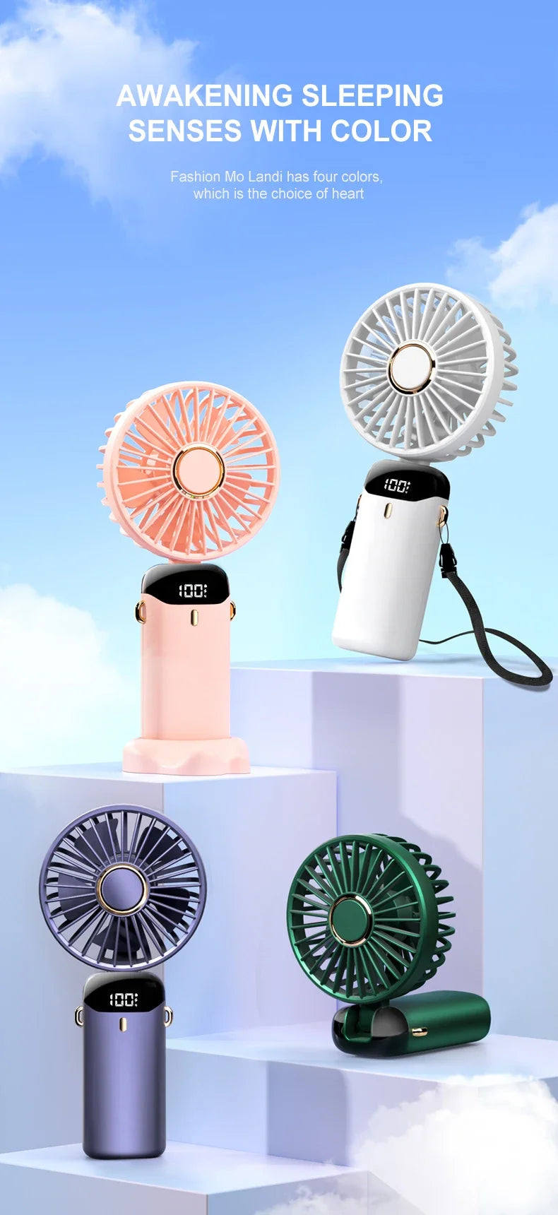 5000mAh Portable Fan Rechargeable 90° Foldable 5 Speed Mini Air Conditioner Small Fan Air Cooler with LED Digital Display - Fullshopping