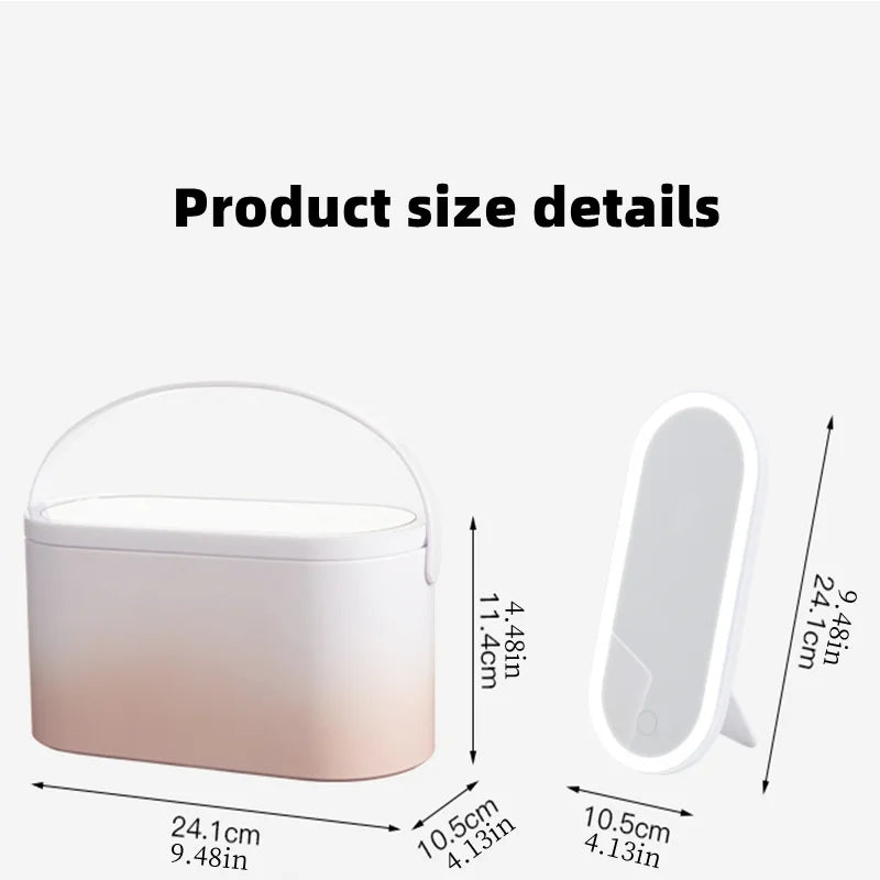 Makeup Organizer Box with LED Light Mirror Portable Travel Makeup Cosmetics Organizer Touch Light Storage Makeup Case - fullshopping