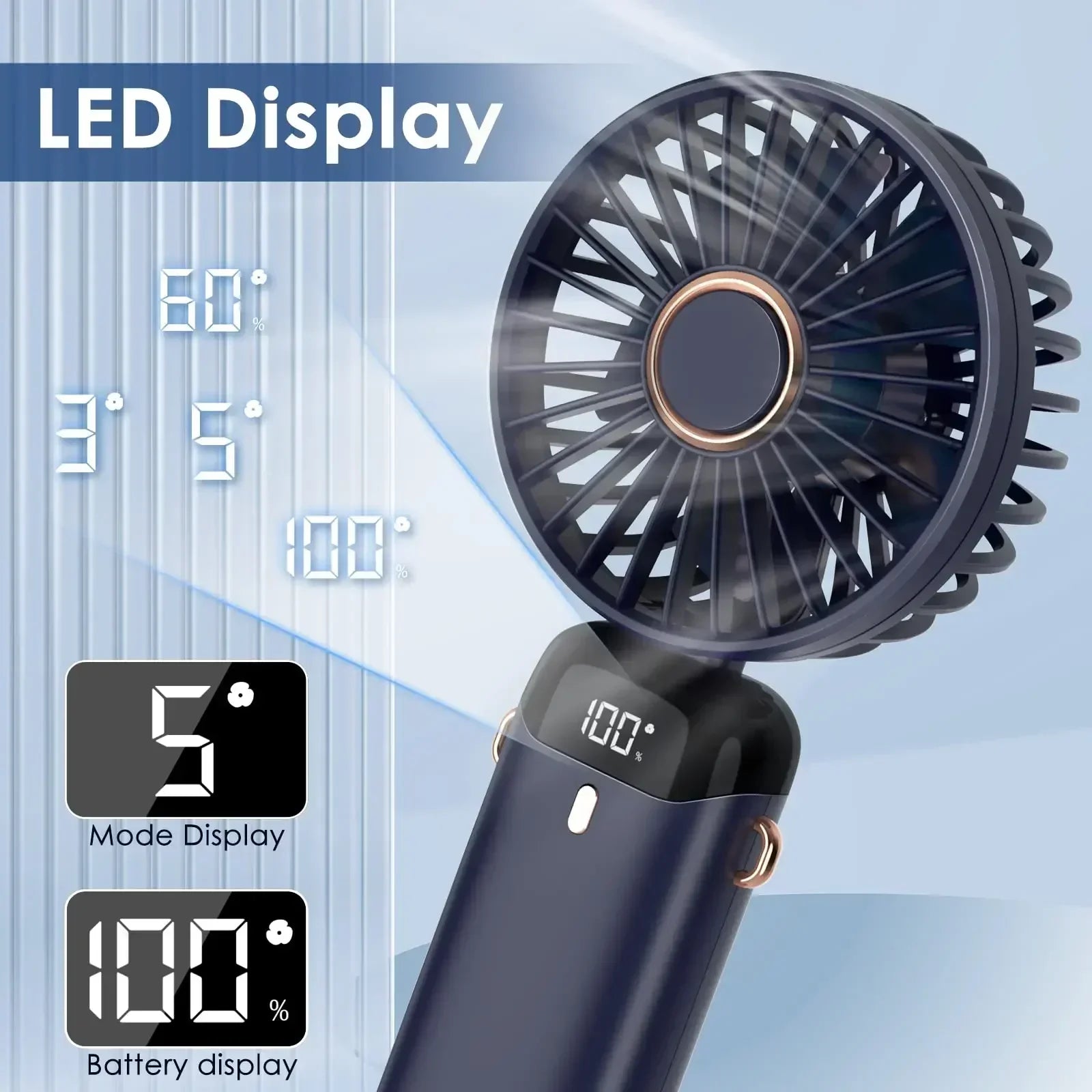 5000mAh Portable Fan Rechargeable 90° Foldable 5 Speed Mini Air Conditioner Small Fan Air Cooler with LED Digital Display - Fullshopping