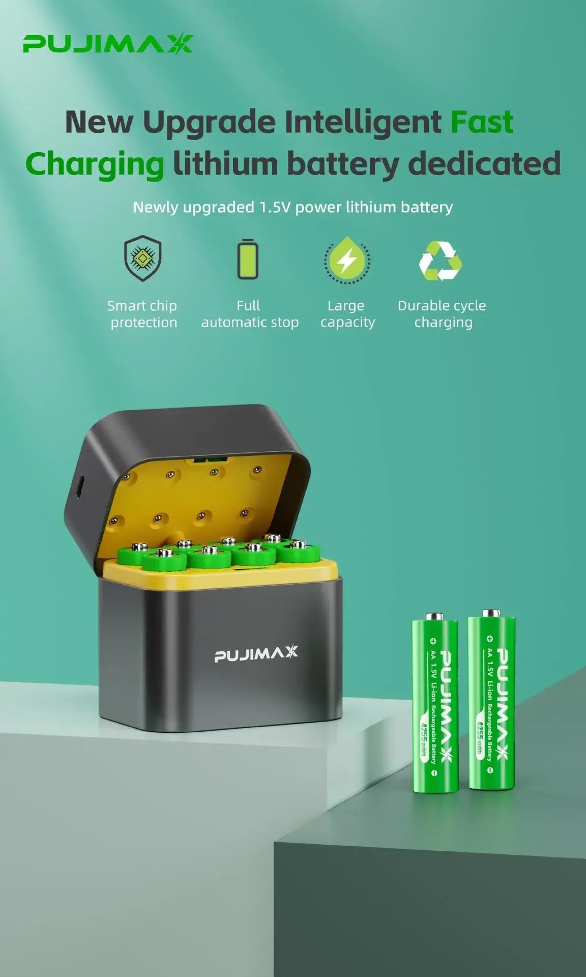 AA/AAA 8 Slots with Smart Charger with 1.5V 4255mWh/3400mWh Lithium Batteries – Fast Charging Battery Charger Set - Fullshopping