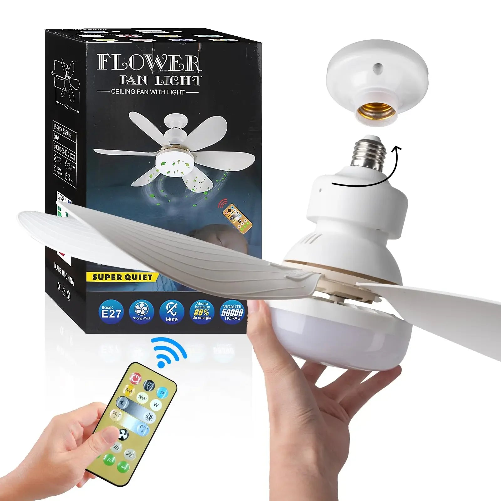 LED 40W ceiling fan light E27 with remote control for dimming, suitable for living room, study, household use, 85-265V - Fullshopping
