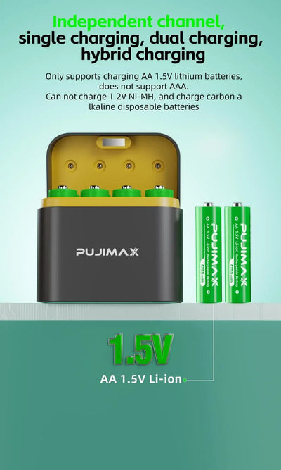 AA/AAA 8 Slots with Smart Charger with 1.5V 4255mWh/3400mWh Lithium Batteries – Fast Charging Battery Charger Set - Fullshopping