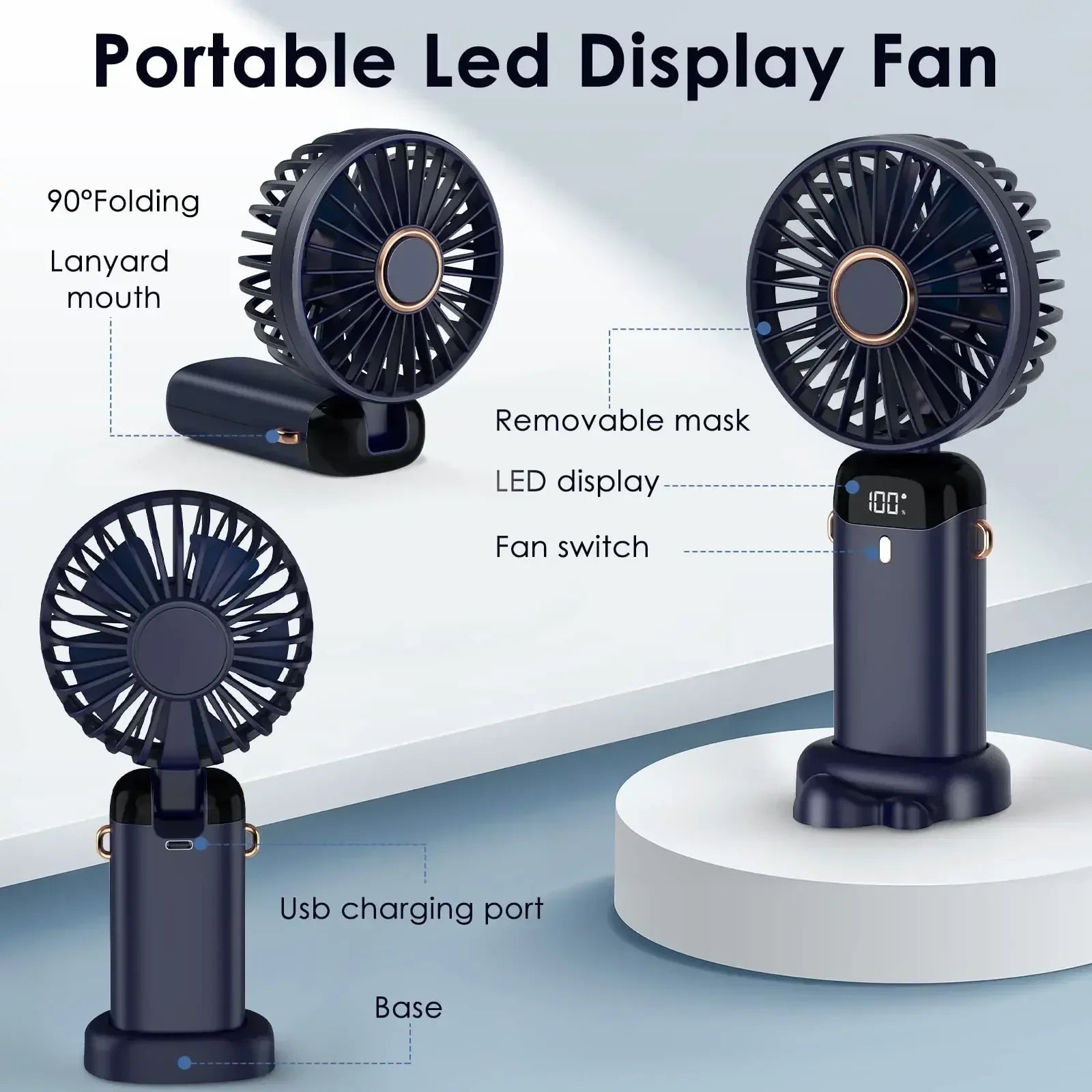 5000mAh Portable Fan Rechargeable 90° Foldable 5 Speed Mini Air Conditioner Small Fan Air Cooler with LED Digital Display - Fullshopping