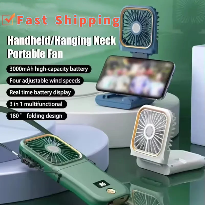 3000mAh 180° Folding Desktop Air Cooling Fan Emergency Power Supply Hanging Neck Fan Handheld USB Charging Portable Fan 2025 - Fullshopping