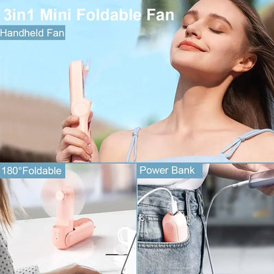 Portable Mini Handheld Fan Small Pocket Fan USB Rechargeable Battery Fan Folding Cooling Hand Fan Mini USB Fan with Power Bank - Fullshopping