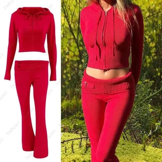 Knitted Hoodie Cropped Top And Pants Set - fullshopping
