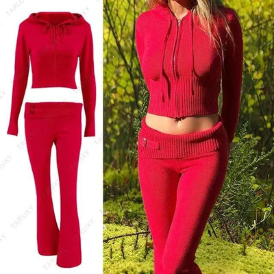 Knitted Hoodie Cropped Top And Pants Set - fullshopping