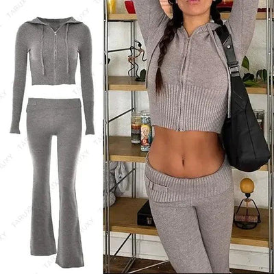 Knitted Hoodie Cropped Top And Pants Set - fullshopping