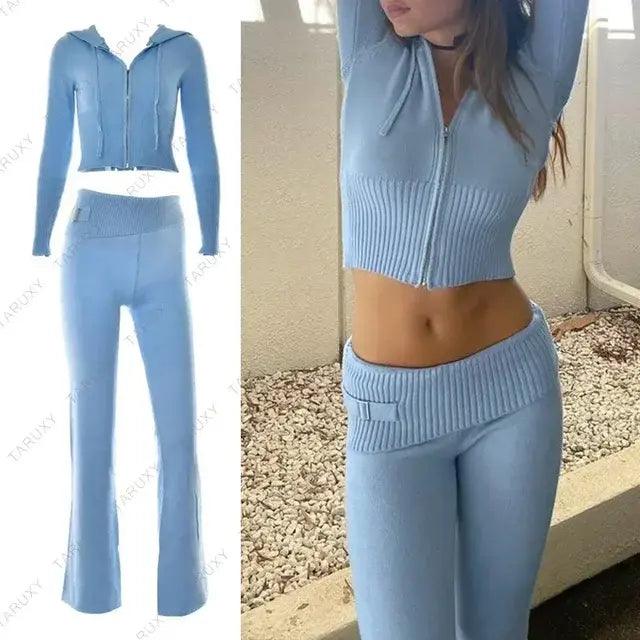 Knitted Hoodie Cropped Top And Pants Set - fullshopping