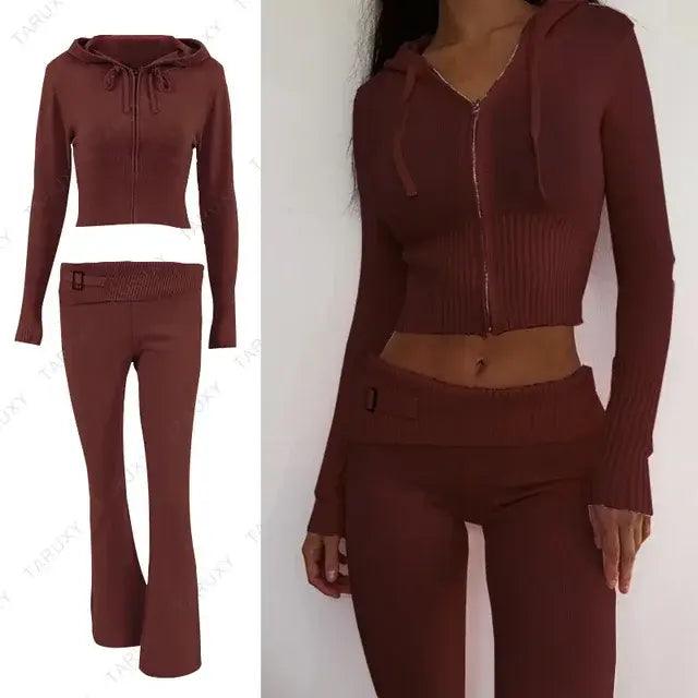 Knitted Hoodie Cropped Top And Pants Set - fullshopping