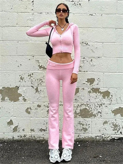 Knitted Hoodie Cropped Top And Pants Set - fullshopping